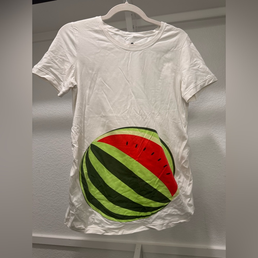 Mamagama White Ruched Maternity T-Shirt with Watermelon Graphic - M